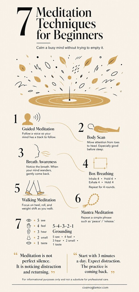 Editorial illustration summarizing seven beginner meditation techniques, including guided meditation, body scan, breath awareness, box breathing, walking meditation, mantra meditation, and 5-4-3-2-1 grounding.