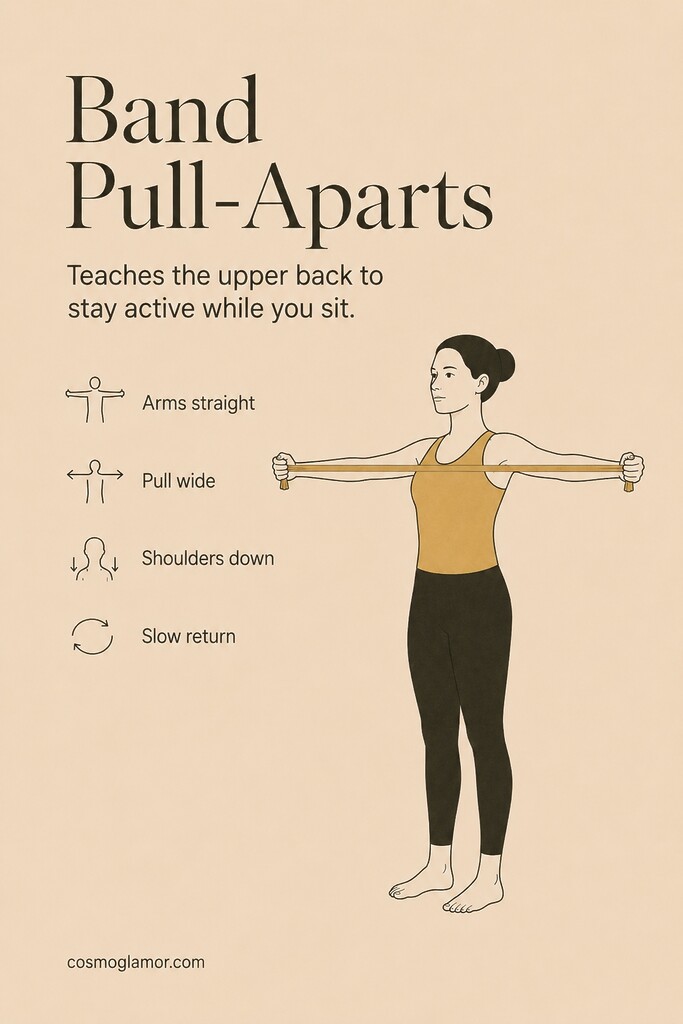 A person standing tall and pulling a resistance band apart across the chest to activate the upper back.