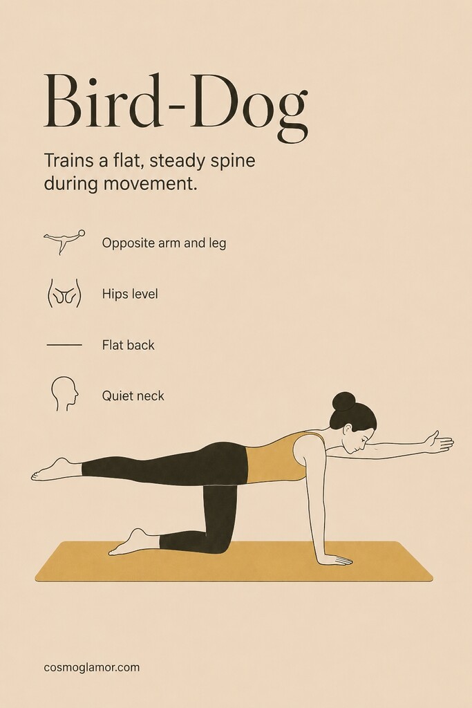 A person on hands and knees extending the opposite arm and leg in a bird-dog exercise while keeping the spine flat.
