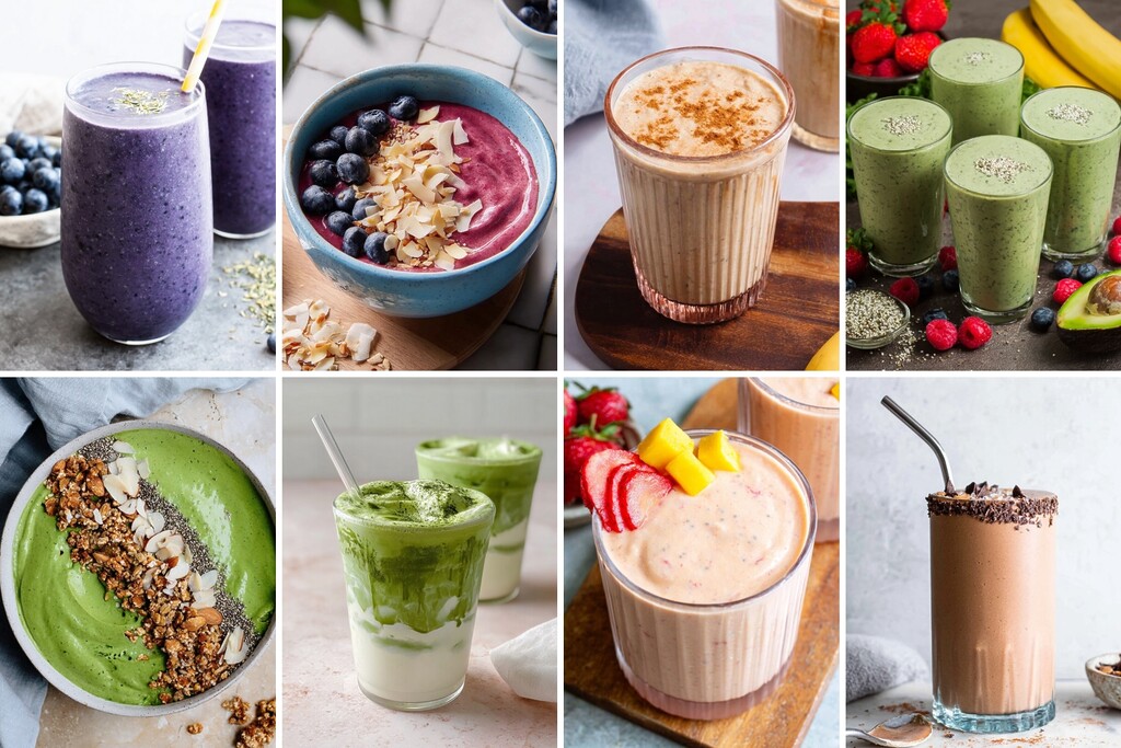 Collage of anti-inflammatory smoothies and smoothie bowls with berries, greens, bananas, oats, and chocolate.