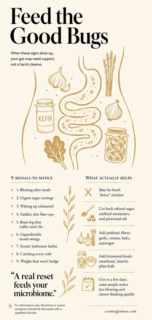 Editorial illustration showing gut health warning signs and practical microbiome support tips, including bloating, sugar cravings, fatigue, prebiotic foods, and fermented foods.