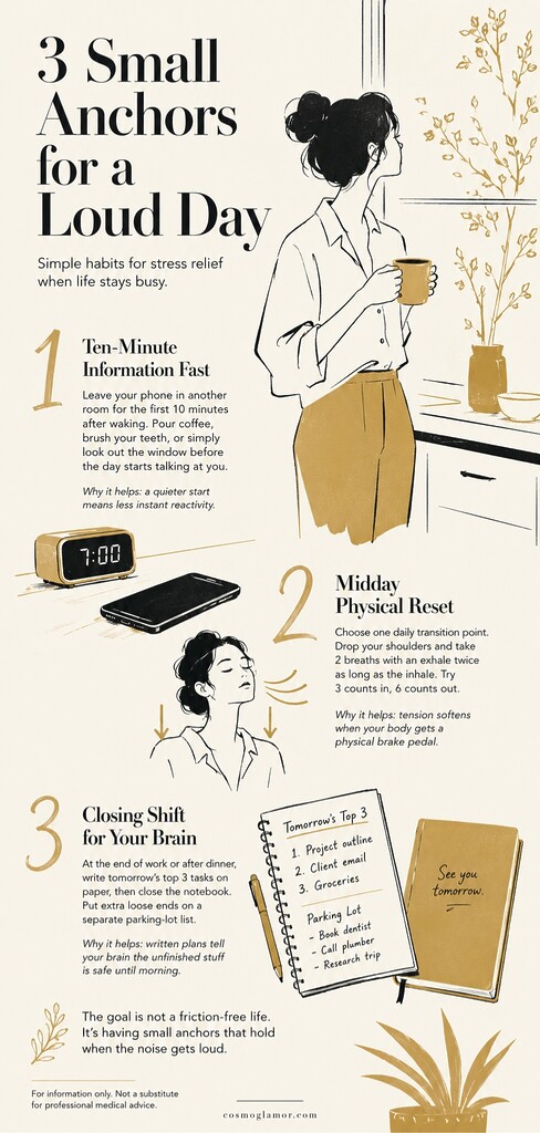 Editorial illustration summarizing three daily stress relief habits: a phone-free morning, midday breathing reset, and evening task list.