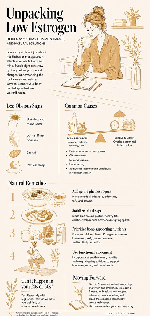 Editorial infographic explaining low estrogen symptoms, common causes, and natural remedies, including brain fog, joint aches, stress, flaxseed, blood sugar balance, bone-supporting nutrients, and functional movement.