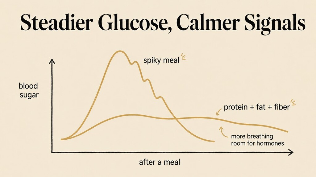 Clear diagram showing low estrogen rippling into brain fog, stiff joints, restless sleep, and dry skin.