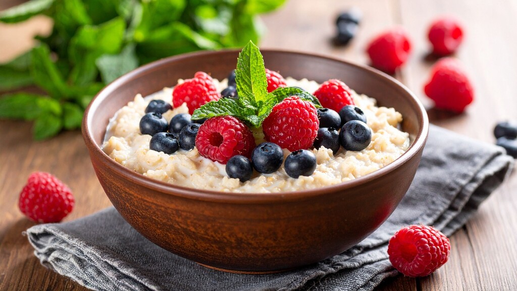 Bowl of oatmeal topped with raspberries, blueberries, and fresh mint.