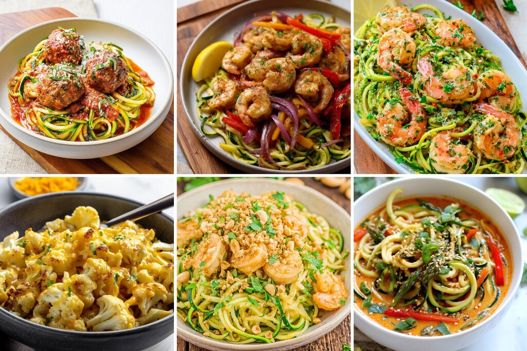 Collage of diabetes-friendly pasta dishes with zucchini noodles, shrimp, meatballs, vegetables, and creamy cauliflower.