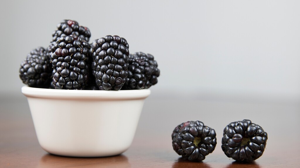 Fresh blackberries in a white bowl with a few berries beside it.