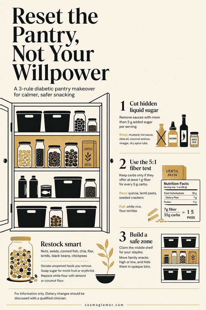 Editorial illustration of an organized diabetic pantry showing three rules: cut hidden liquid sugar, use the 5:1 fiber test, and create an eye-level safe zone for healthy staples.
