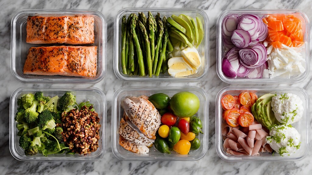 Healthy meal prep containers with salmon, chicken, eggs, asparagus, broccoli, avocado, cottage cheese, and colorful vegetables.