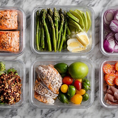 Healthy meal prep containers with salmon, chicken, eggs, asparagus, broccoli, avocado, cottage cheese, and colorful vegetables.