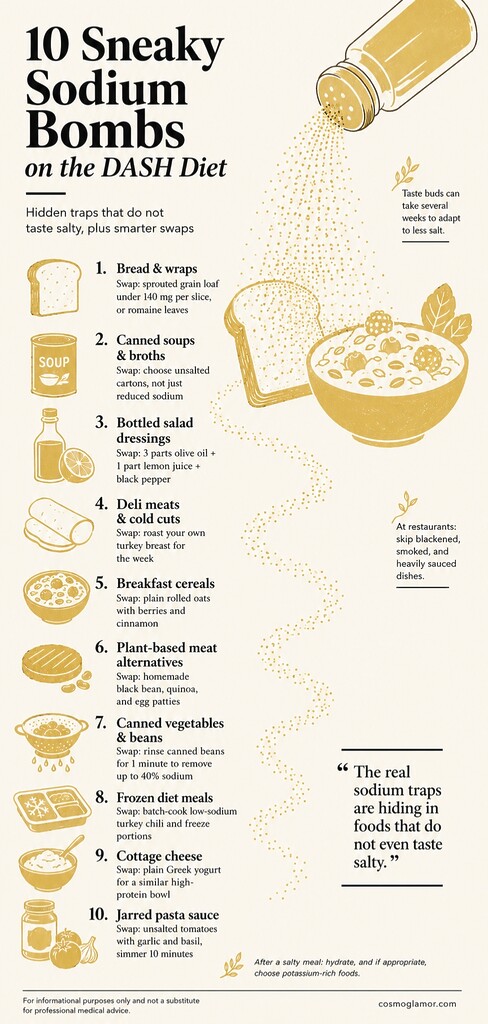 Editorial infographic showing 10 hidden high-sodium foods on the DASH diet, with lower-sodium swaps for bread, soup, dressings, deli meat, cereal, beans, frozen meals, cottage cheese, and pasta sauce.