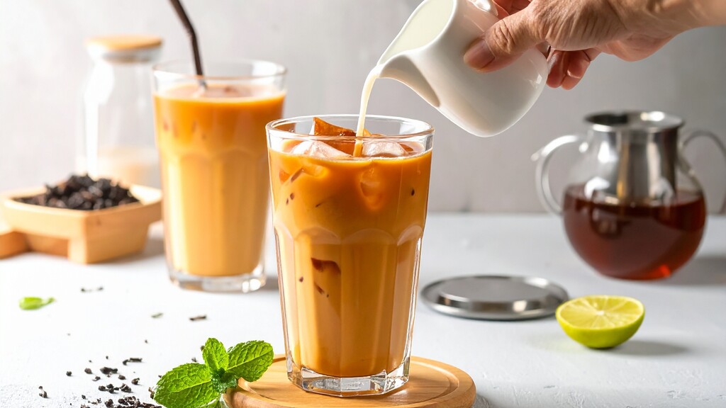 Oat milk being poured into a glass of iced coffee or tea.