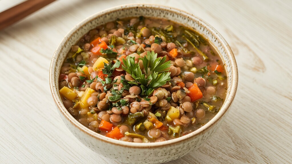 Bowl of Mediterranean lentil soup with vegetables and fresh parsley on a light wooden table.