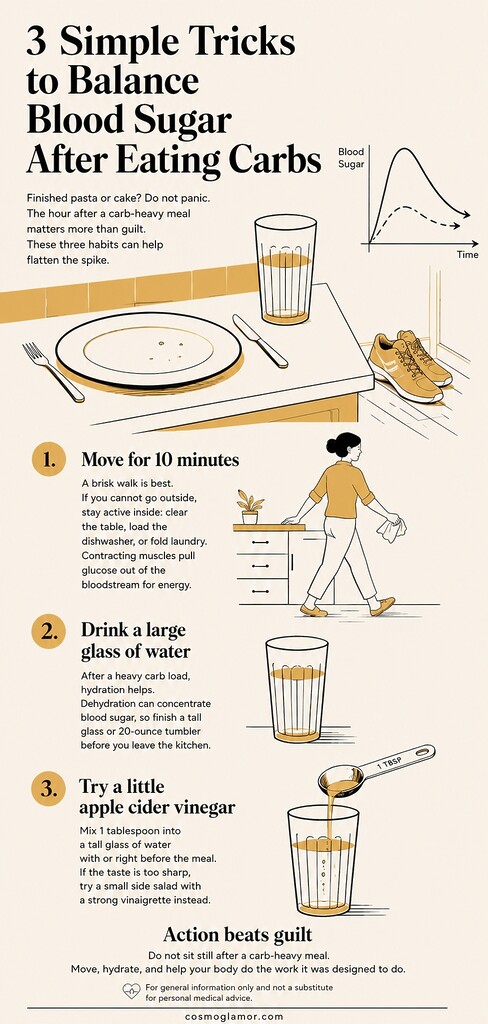 Editorial infographic showing three post-meal habits to help balance blood sugar after carbs: walking, drinking water, and using apple cider vinegar.