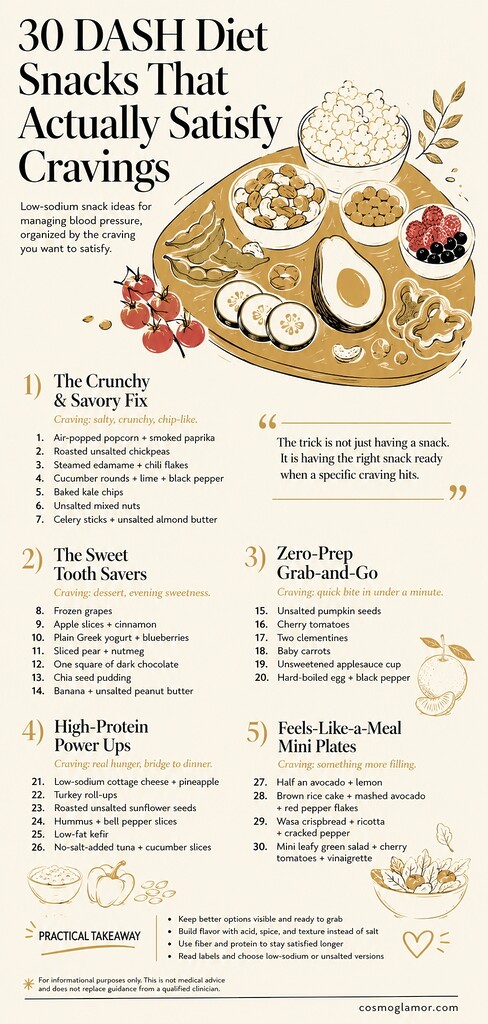 Editorial illustration summarizing 30 DASH diet snacks for cravings, with low-sodium ideas grouped into crunchy, sweet, grab-and-go, high-protein, and mini-meal options.