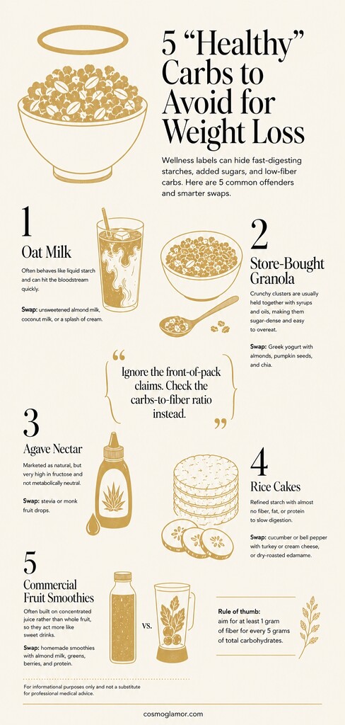 Editorial infographic showing five healthy-seeming carbs to avoid for weight loss: oat milk, store-bought granola, agave nectar, rice cakes, and commercial fruit smoothies, with smarter low-carb swaps and a fiber-to-carb rule.