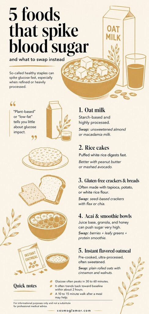 Editorial infographic showing five foods that may spike blood sugar, including oat milk, rice cakes, gluten-free breads, smoothie bowls, and instant oatmeal, with healthier swap suggestions.