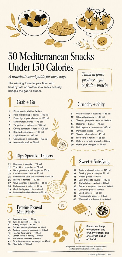 Editorial infographic showing 50 Mediterranean snack ideas under 150 calories, grouped by grab-and-go, crunchy, dips, sweet snacks, and protein-focused mini meals.