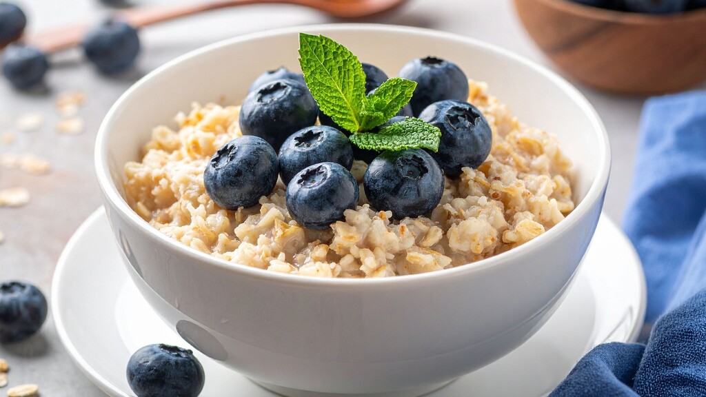 Bowl of oatmeal topped with blueberries and fresh mint.
