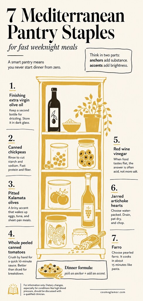 Editorial illustration of seven Mediterranean pantry staples for fast weeknight meals, including olive oil, chickpeas, olives, canned tomatoes, red wine vinegar, artichoke hearts, and farro.