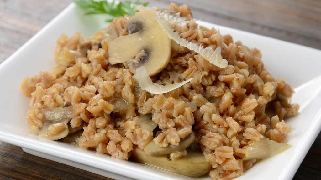 Cooked farro with mushrooms and Parmesan shavings served on a white plate.