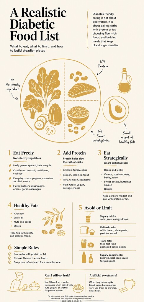 Editorial infographic showing a diabetic food list with a balanced plate of non-starchy vegetables, protein, smart carbohydrates, healthy fats, and foods to avoid or limit.