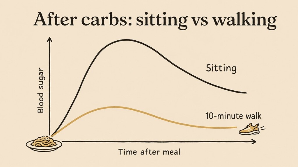 Simple blood sugar curve comparing sitting after carbs with taking a 10-minute walk after the same meal.