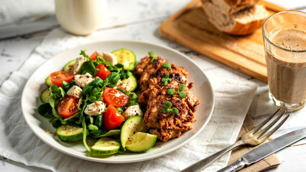 Healthy plate with grilled chicken, cucumber tomato salad, lime, fork, and smoothie on a bright table.