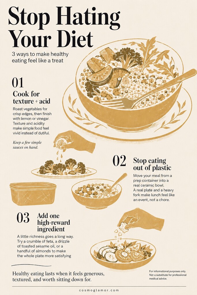 Editorial illustration summarizing three ways to make healthy eating more enjoyable: add texture and acidity, plate meals in a real bowl, and use one high-reward ingredient.