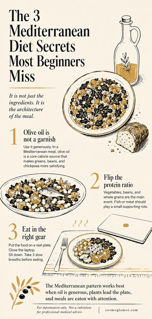 Editorial illustration summarizing three Mediterranean diet habits: generous olive oil, plant-forward plates, and eating calmly at a table.