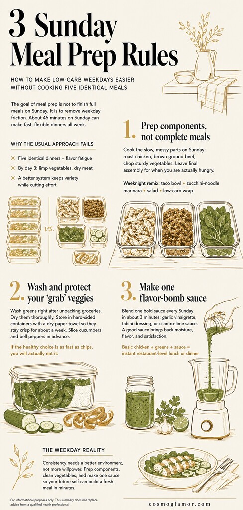 Editorial illustrated guide summarizing three Sunday low-carb meal prep rules: prep components, wash grab-and-go vegetables, and make one flavorful sauce for easier weekday meals.