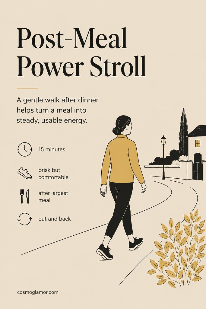 A person taking a brisk post-meal neighborhood walk in the early evening to support weight loss and steadier blood sugar.