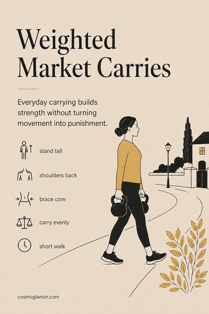 A woman walking upright while carrying two heavy market bags or kettlebells to build core stability and grip strength.