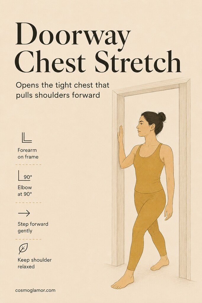 A person stretching the chest in an open doorway with one forearm on the frame to release rounded shoulders from screen use.
