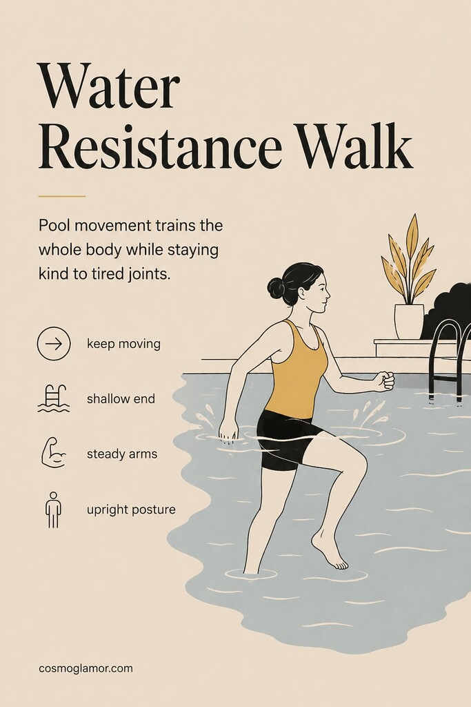 A woman doing a low-impact water walking workout in a swimming pool for full-body resistance without joint strain.
