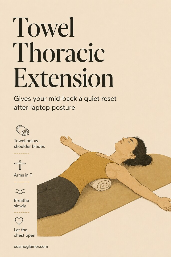 A woman lying on a mat with a rolled towel under her mid-back and arms open in a T shape for thoracic spine extension.