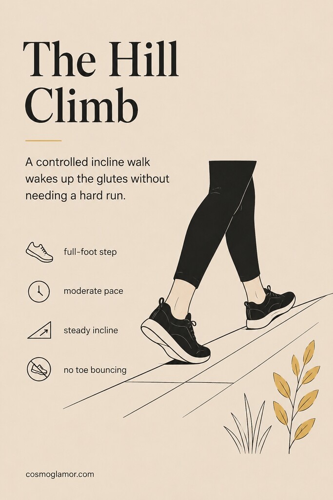 Close-up of feet taking steady full-foot steps up an incline during a hill climb workout for glutes and hamstrings.