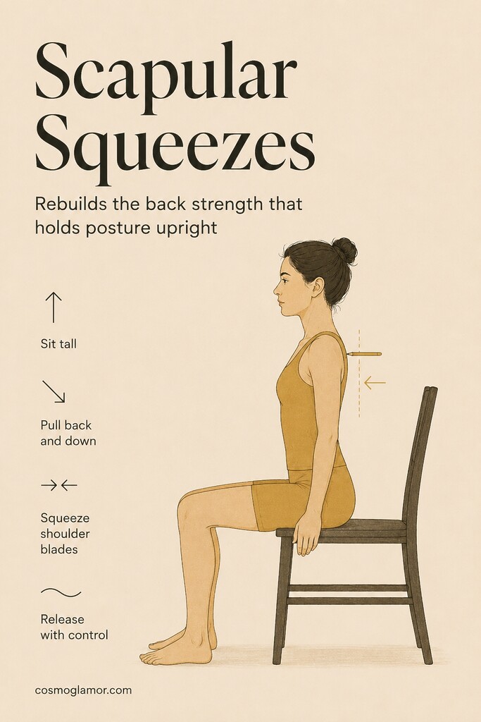 A seated person squeezing the shoulder blades back and down to strengthen upper back posture muscles.