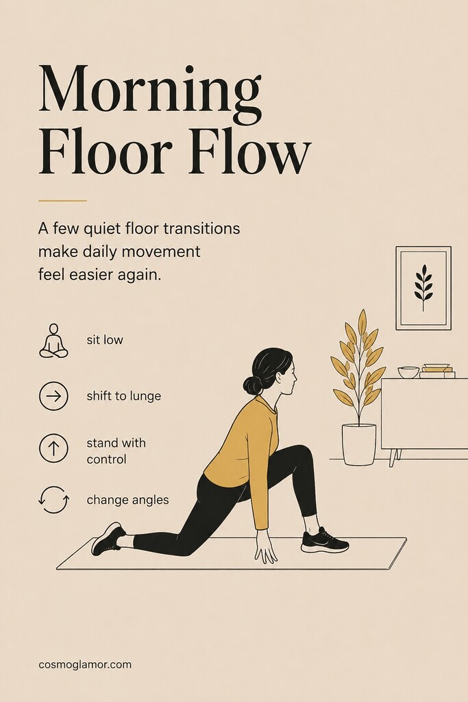 A woman moving from a seated floor position into a lunge as part of a morning mobility flow for hips, core, and functional strength.