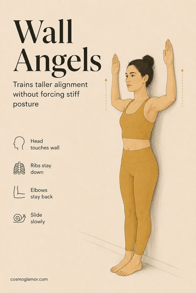 A person standing against a wall with arms bent at 90 degrees, sliding into a wall angel for better neck and shoulder alignment.
