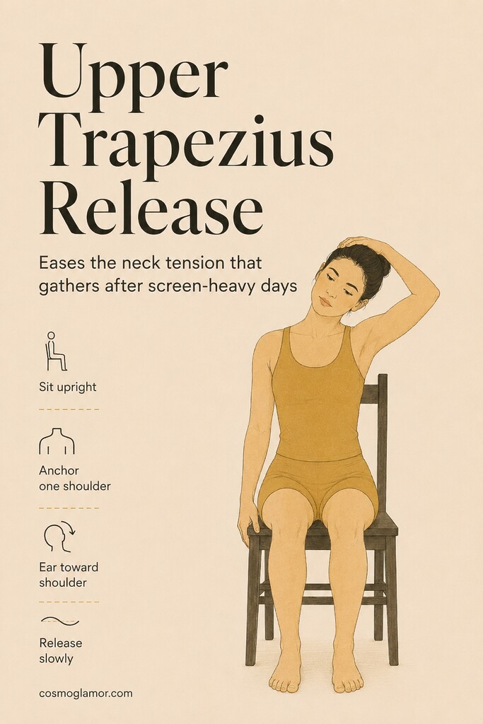 A seated person anchoring one hand under the thigh while gently stretching the opposite side of the neck for upper trapezius release.