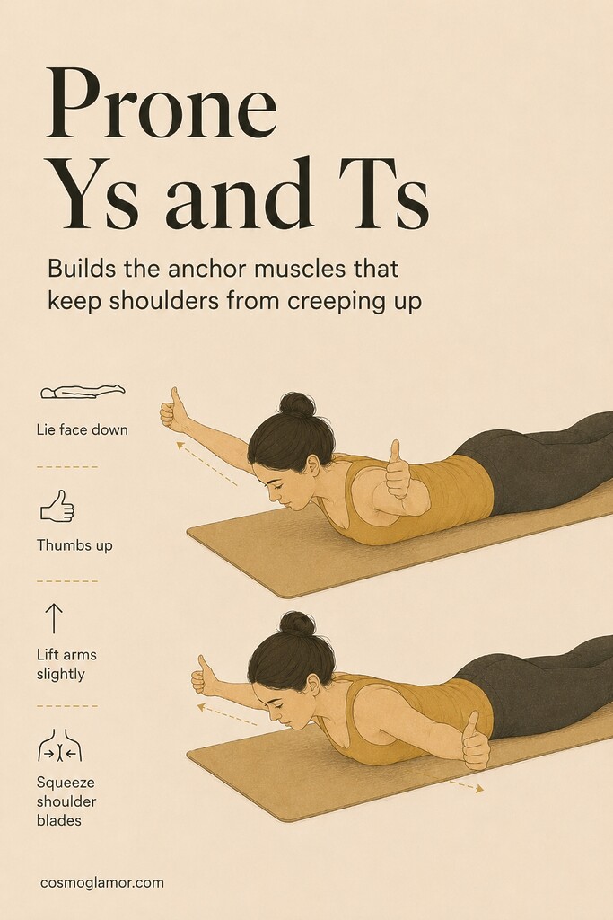 A person lying face down on a mat lifting the arms in Y and T shapes to strengthen the lower trapezius for tech neck posture.