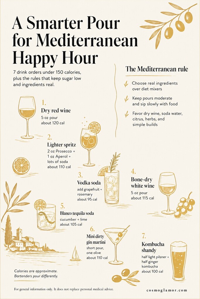 Editorial infographic summarizing seven low-calorie Mediterranean-style drink orders with tips for lower sugar and real ingredients.