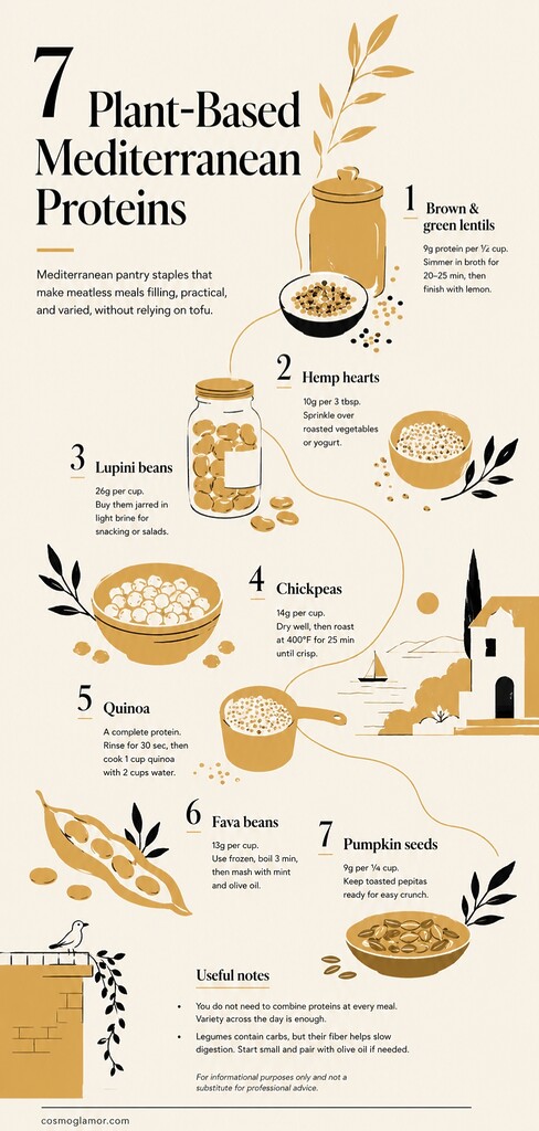 Editorial infographic showing seven plant-based Mediterranean protein staples, including lentils, hemp hearts, lupini beans, chickpeas, quinoa, fava beans, and pumpkin seeds, with simple serving tips.